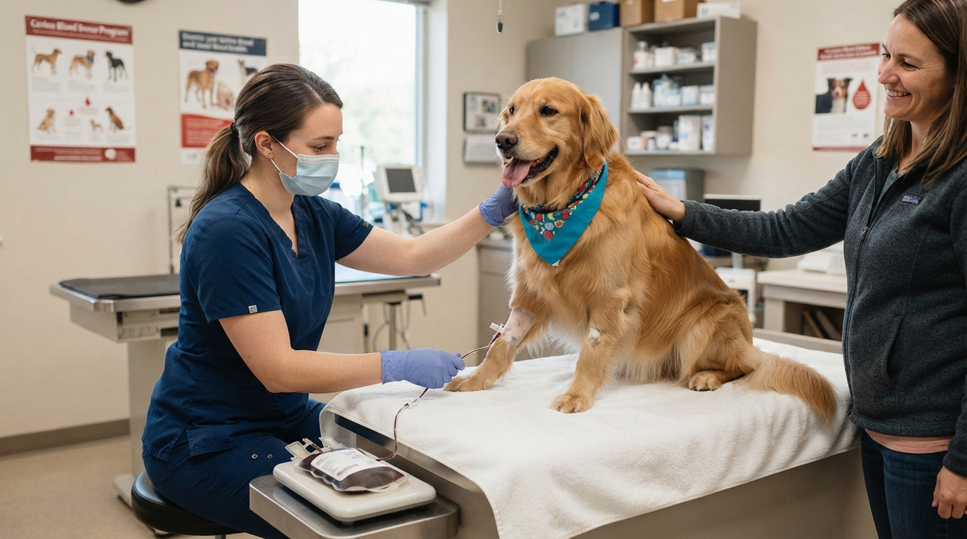 Médica veterinária coletando sangue de um cão golden retriever em clínica veterinária, com a tutora ao lado